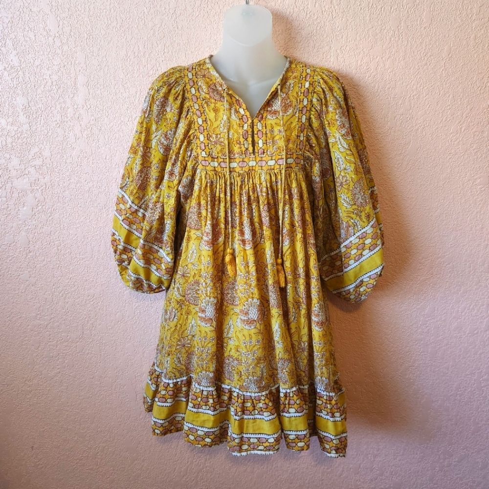 Cleobella Magdelena Long Sleeve Yellow Floral Hippie Babydoll Mini Dress